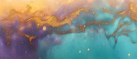 Wall Mural - abstract art with gold glitter in teal and purple hues.