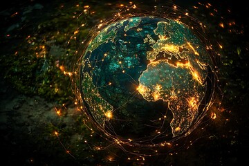 Wall Mural - a glowing earth connected by light pathways, symbolizing global interconnection