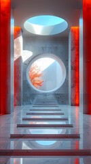 Wall Mural - Digital technology white and red laboratory round booth poster background
