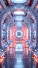 Wall Mural - Digital technology white and red laboratory round booth poster background