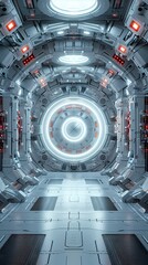 Wall Mural - Digital technology white and red laboratory round booth poster background