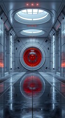 Wall Mural - Digital technology white and red laboratory round booth poster background