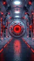 Wall Mural - Digital technology white and red laboratory round booth poster background