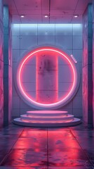 Wall Mural - Digital technology white and red laboratory round booth poster background