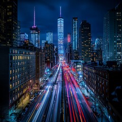 Wall Mural - night cityscape with illuminated skyscrapers and light trails on a busy street.