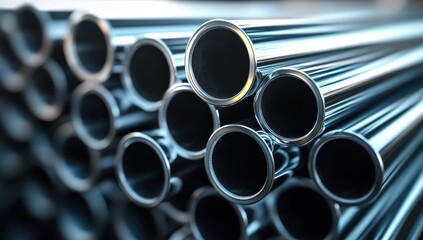 Poster - Close-Up View of Circular Steel Pipes Stack with Reflections and Shadows Highlighting Industrial Material in a Warehouse or Workshop Environment