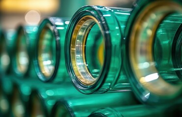 Poster - Close-up View of Colorful Glass Cylinders Stacked in a Manufacturing Facility with Abstract Background and Blurred Lights