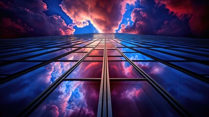 Poster - Dynamic reflections of a modern skyscraper under dramatic clouds urban environment photography low angle view abstract concept