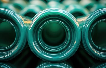 Poster - Close-Up View of Green Plastic Tubes Stacked in a Row, Showing Curved Edges and Reflections in a Factory Environment