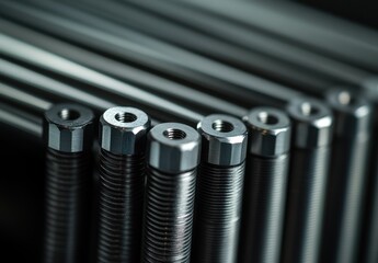 Poster - Close-Up View of Industrial Metal Fasteners with Detailed Threading and Precision Engineering in Soft Lighting for Mechanical Applications and Design Concepts
