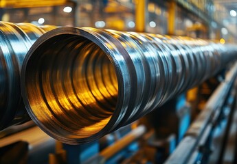 Poster - Close-Up View of Industrial Metal Pipe Production in Manufacturing Facility with Glowing Orange Light and Precision Machinery