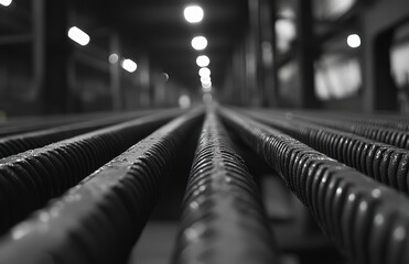 Poster - Close-Up View of Industrial Metal Pipes in a Factory Environment with Soft Focus and Ambient Lights Creating a Dramatic Effect