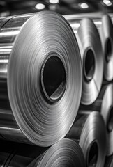 Poster - Close-up View of Industrial Metal Rolls in a Manufacturing Facility Showcasing the Smooth Finish and Texture of Steel and Aluminum Materials for Production