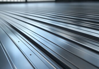 Poster - Close-Up View of Industrial Metal Surface with Striped Texture, Horizontal Lines, and Perfectly Aligned Steel Sheets Reflecting Light in Modern Interior Space