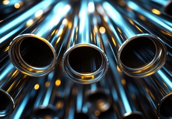 Poster - Close-Up View of Industrial Metallic Pipes Reflecting Light in Blue and Gold Hues, Showcasing Texture and Depth, Perfect for Engineering and Design Projects