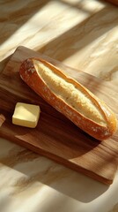 Aufkleber - Close-up of freshly baked bread with butter on a wooden board under warm natural light