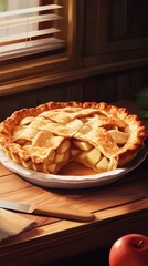 Aufkleber - Warm and inviting close-up of a freshly baked apple pie on a rustic wooden table next to an apple