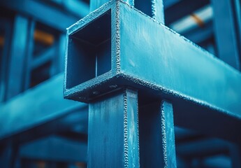 Poster - Close-Up View of Industrial Steel Frame Structures Featuring Welded Joints, Blue Tones, and Modern Manufacturing Elements for Engineering and Design Projects