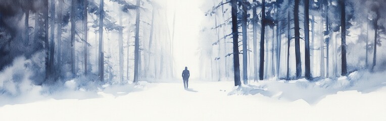 Poster - Solitary figure walking through a snow-covered forest in soft watercolor tones capturing tranquility and mystery