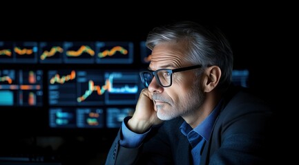Poster - experienced investor is deeply focused while analyzing financial data on screens in a dim office. atmosphere is serious and contemplative as market trends are observed