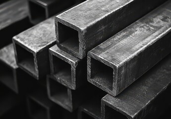 Poster - Close-up View of Industrial Steel Square Tubes Highlighting Textures and Edges for Construction and Manufacturing Use