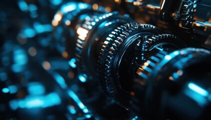 Poster - Close-Up View of Interlocking Gears with Blue and Orange Highlights, Showcasing Detailed Engineering and Mechanical Precision in a Modern Industrial Setting