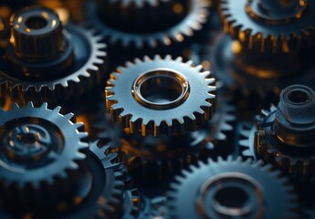 Poster - Close-Up View of Interlocking Metal Gears and Cogs Displaying Intricate Details and Metallic Finish in a Dynamic Engineering Setting