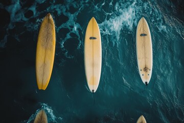 Wall Mural - surfer boards floating on ocean water surface in aerial view
