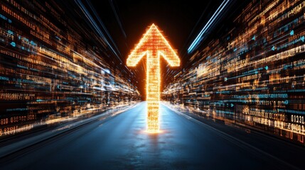 Leinwandbilder - luminous arrow composed of binary code directs attention upward in a high-tech environment, symbolizing progress and innovation. surrounding data streams create a sense of motion