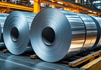 Poster - Close-Up View of Large Metal Rolls in Industrial Factory Setting Showcasing Modern Steel Production Process and Equipment in a Well-Lit Environment