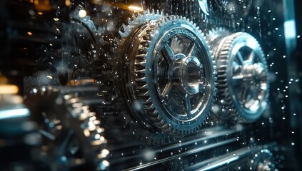 Poster - Close-up View of Intricate Metallic Gears in Motion Under a Layer of Water Droplets Creating an Engaging Industrial Aesthetic
