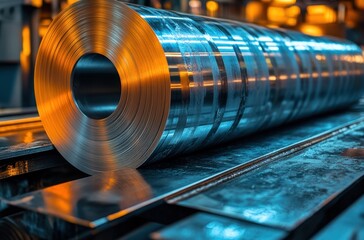 Poster - Close-up View of Large Silver Aluminum Coil with Shiny Surface in Industrial Environment with Warm Lighting Effects and Modern Factory Background