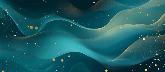 Wall Mural - Abstract teal and gold flowing waves with glittering particles.
