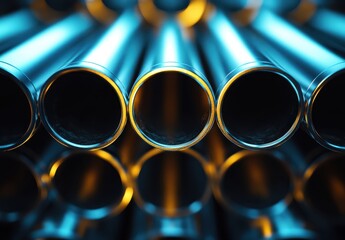 Poster - Close-up View of Metal Pipes with Reflections and Light Highlights in a Modern Industrial Setting