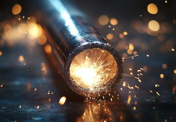 Poster - Close-up View of Metal Rod with Sparks and Glowing Light on Industrial Background in Workshop for Creative and Artistic Projects