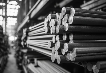 Poster - Close-Up View of Metal Rods Stacked in Industrial Warehouse with Soft Natural Light and Shadow Effects Creating Depth and Texture
