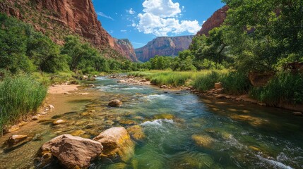 Poster - Crystal-clear river winding through a scenic canyon under a bright blue sky in a tranquil natural setting