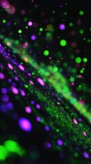 Fototapete - Vibrant display of neon green and electric purple bokeh lights creates a mesmerizing visual experience in a dark setting