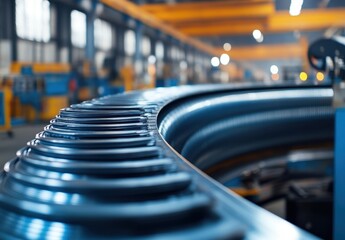 Poster - Close-Up View of Metallic Coils on Production Line in Modern Factory with Industrial Machinery and Soft Lighting