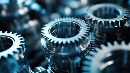 Poster - Close-Up View of Metallic Gears in Industrial Machinery Showcasing Precision Engineering and Intricate Design Elements in a Well-Lit Environment