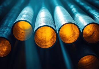 Poster - Close-Up View of Metallic Pipes with Glowing Interior and Soft Light Rays Emitting, Industrial Background, Textured Surface, Engineering and Manufacturing Concept