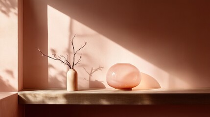Leinwandbilder - Minimalist arrangement of amber and pink forms creating a harmonious display in soft natural light