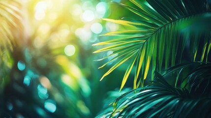Fototapete - Vibrant turquoise and emerald green bokeh through tropical foliage creates a serene atmosphere in lush greenery