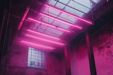 Wall Mural - pink neon lights illuminate a grunge industrial interior space with exposed brick walls and high cei