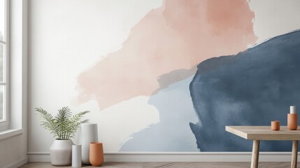 Leinwandbilder - Elegant muted blue and peach abstract strokes enhance modern interior decor in a well-lit room