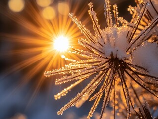 Wall Mural - close-up of frost-covered pine needles with sunburst.