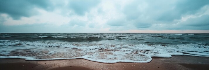 Aufkleber - Lonely seashore with gentle waves under overcast sky inviting reflection and tranquility Generative AI