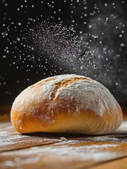 Aufkleber - Rustic loaf of bread covered in flour resting on a wooden surface with powdered texture details