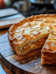 Aufkleber - Freshly baked apple pie with a golden crust displayed on a wooden cutting board in a cozy kitchen setting