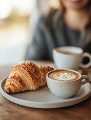 Poster - Enjoying a fresh croissant and coffee at a cozy cafe in the morning light
